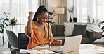 Black woman, achievement in home office and celebration at laptop for remote work, social media or excited blog. Happy girl at desk with computer for winning email, good news and success in freelance