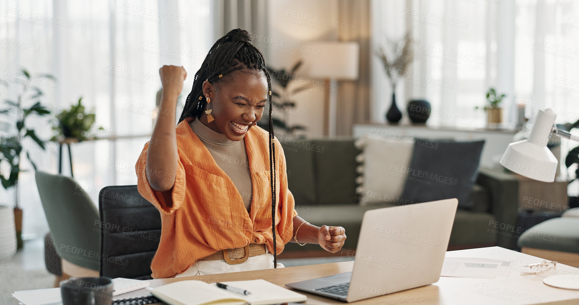 Buy stock photo Black woman, achievement in home office and celebration at laptop for remote work, social media or excited blog. Happy girl at desk with computer for winning email, good news and success in freelance