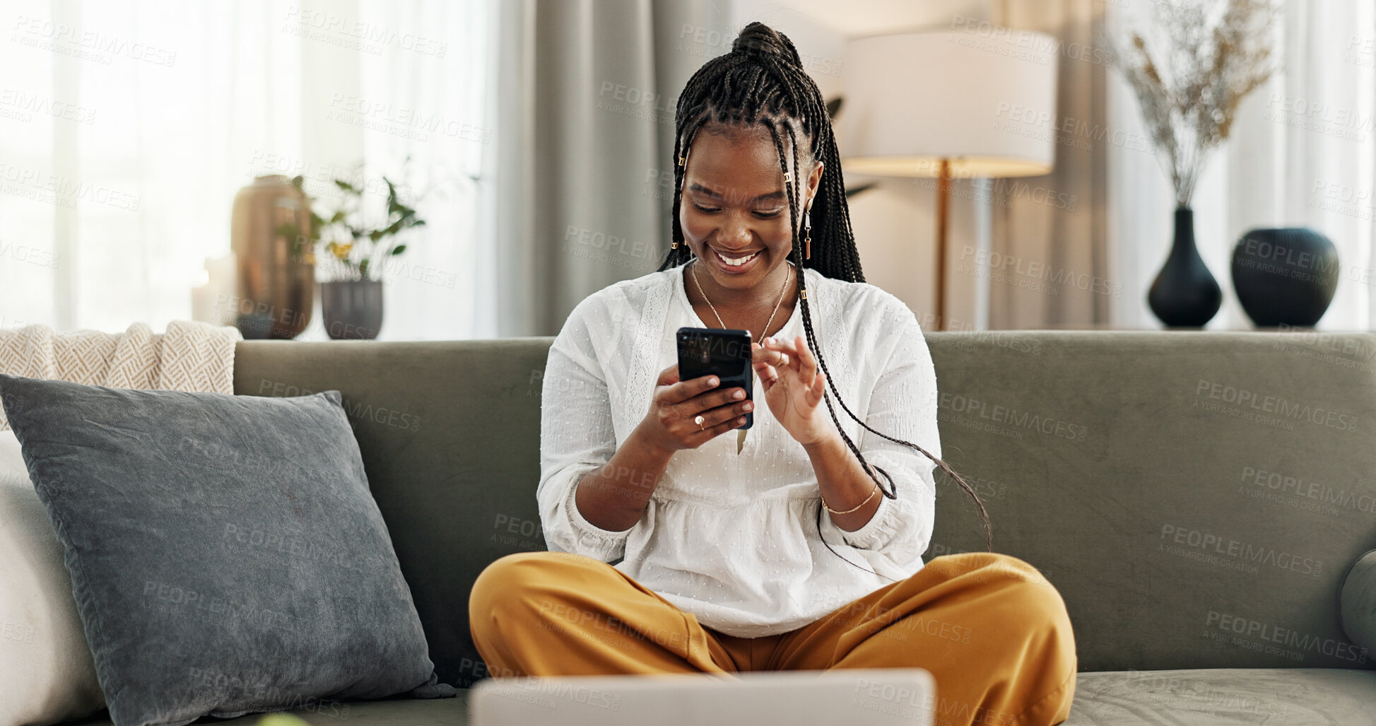 Buy stock photo Happy, black woman and credit card with phone on sofa for online shopping, payment code and fintech at home. Mobile banking, finance and password to upgrade subscription, ecommerce and money savings