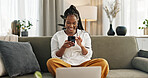 Home, funny and black woman on a sofa, cellphone and connection with social media, comedy post and laugh. African person, apartment or girl on couch, smartphone or mobile user with humor or typing