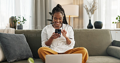 Home, funny and black woman on a sofa, cellphone and connection with social media, comedy post and laugh. African person, apartment or girl on couch, smartphone or mobile user with humor or typing