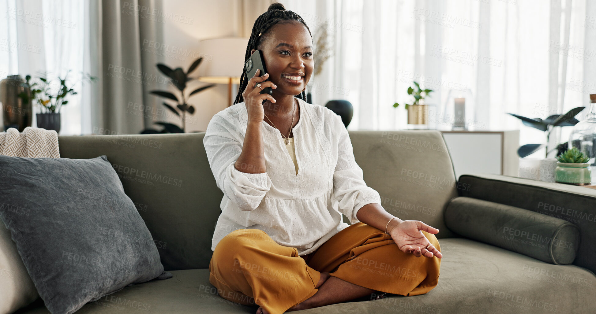 Buy stock photo Funny, phone call and black woman on sofa, talking or communication at home. Smartphone, conversation and African person laughing, listening to story and comedy, chat or news and happy in living room