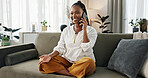 Funny, phone call and black woman on sofa, talking or communication at home. Smartphone, conversation and African person laughing, listening to story and comedy, chat or news and happy in living room