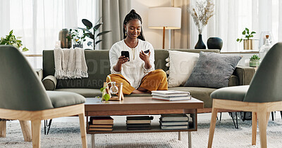 Home, credit card and black woman on a couch, smartphone and connection with payment, online shopping and smile. African person, apartment or girl on sofa, cellphone or transaction with investment