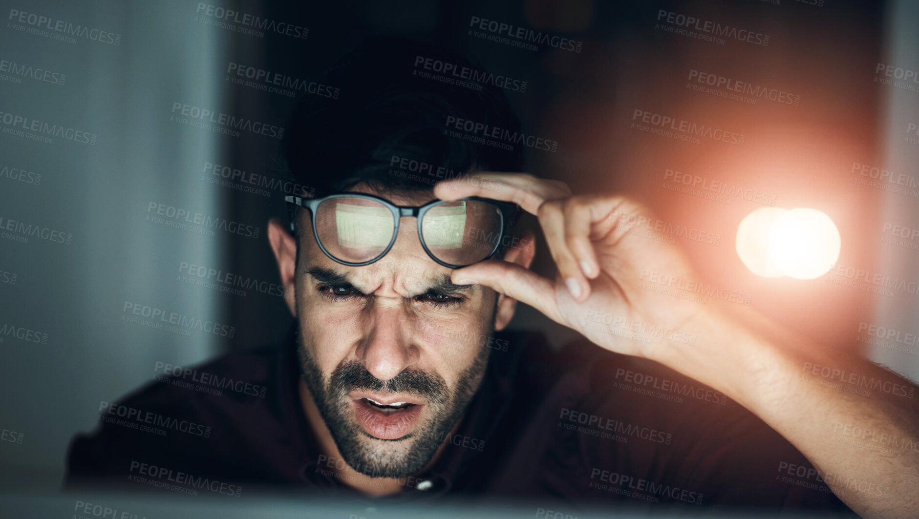 Buy stock photo Night, confused businessman work in glasses and shock, angry or frustrated with screen, online communication or 404 error. Man, face and reading eyewear or late working with stress, computer and fail