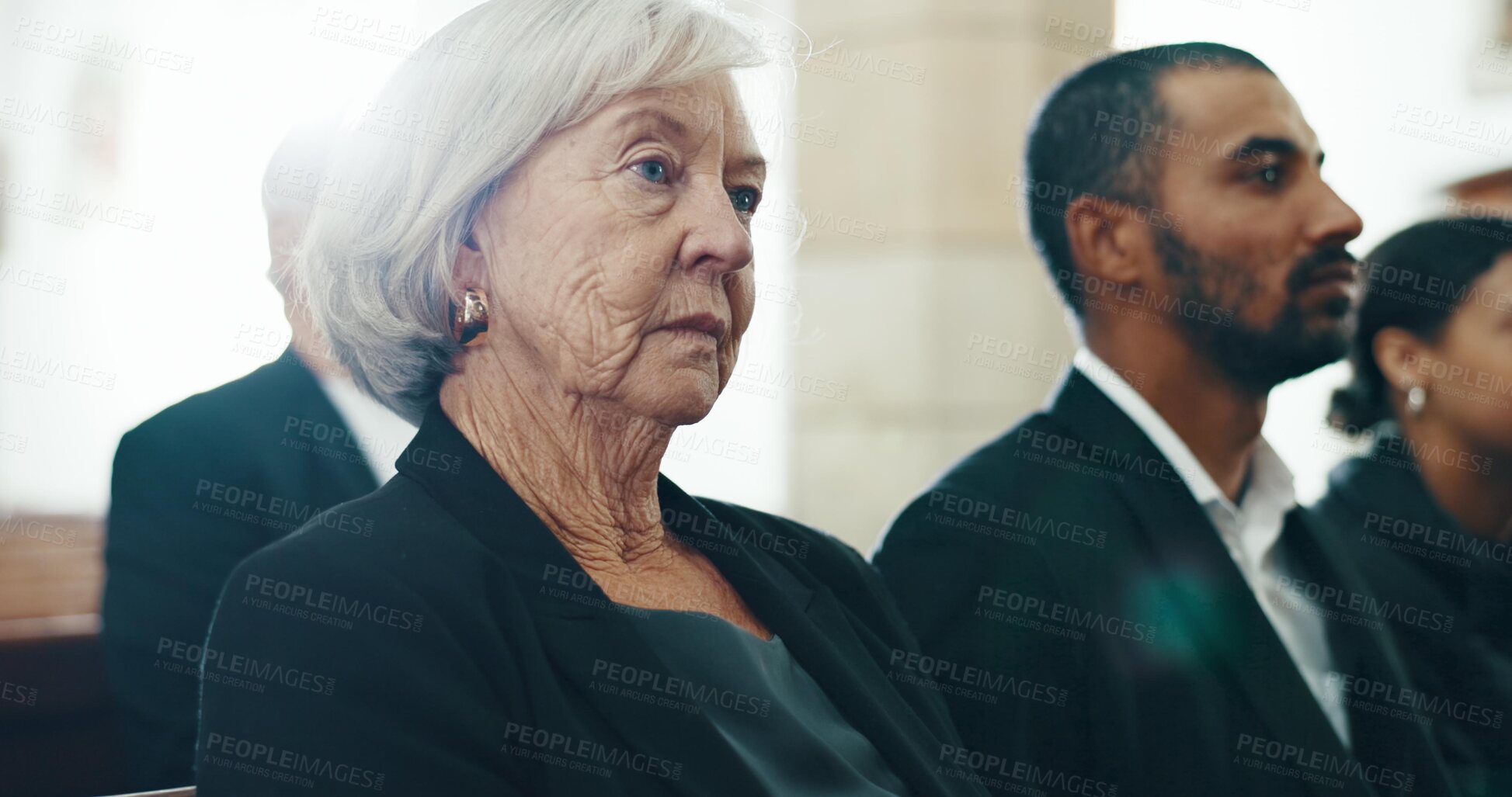 Buy stock photo Sad, thinking and senior woman at a funeral in church for religious service and support. Spiritual, elderly person and burial with death, ceremony or grieving loss at a chapel event for bereavement