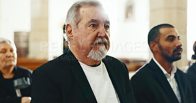Sad, senior man and closeup at a funeral in church for religious service and mourning. Grief, elderly male person and burial with death, ceremony and grieving loss at a chapel event in formal suit