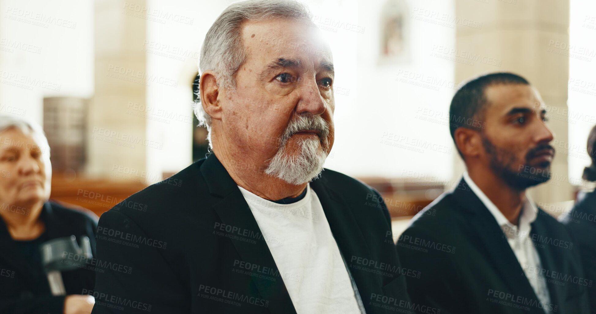 Buy stock photo Sad, bereavement and senior man at a funeral in church for religious service and mourning. Family, elderly person and burial with death, ceremony and grieving loss at a chapel event in formal suit