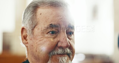 Buy stock photo Senior, man and face or thinking with depression, mental health and lonely with grief for mourning. Elderly, person and thoughtful with dementia, wondering and contemplating with sadness and remember