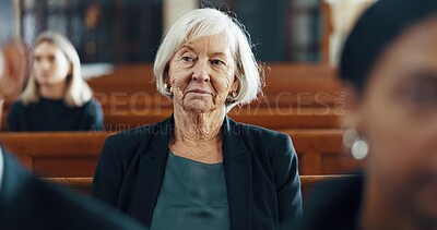 Buy stock photo Senior, woman and funeral in church for ceremony, sermon and memorial service for death, mourning or loss. Religion, chapel or sad elderly female person in congregation for comfort, memory or support