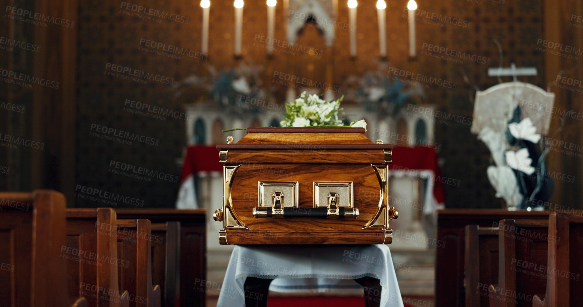 Buy stock photo Coffin, church and memorial service for funeral with religion or mourning life with respect, compassion or ritual. Casket, chapel and holy spirit for rip at ceremony for sad grief, sermon or event