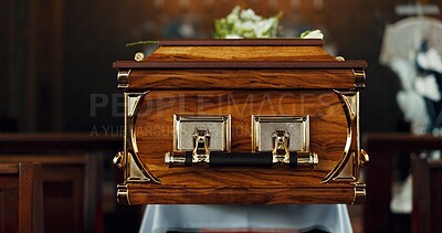 Buy stock photo Coffin, funeral and death in church for service, closeup or zoom of event for respect and honor with faith. Memorial, Catholic religion and burial in chapel, casket for farewell and place of worship