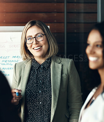 Buy stock photo Woman, group and employees brainstorming, meeting and collaboration with a new project, development and profit growth. Female leader, coworkers or consultant with clients, share ideas and partnership