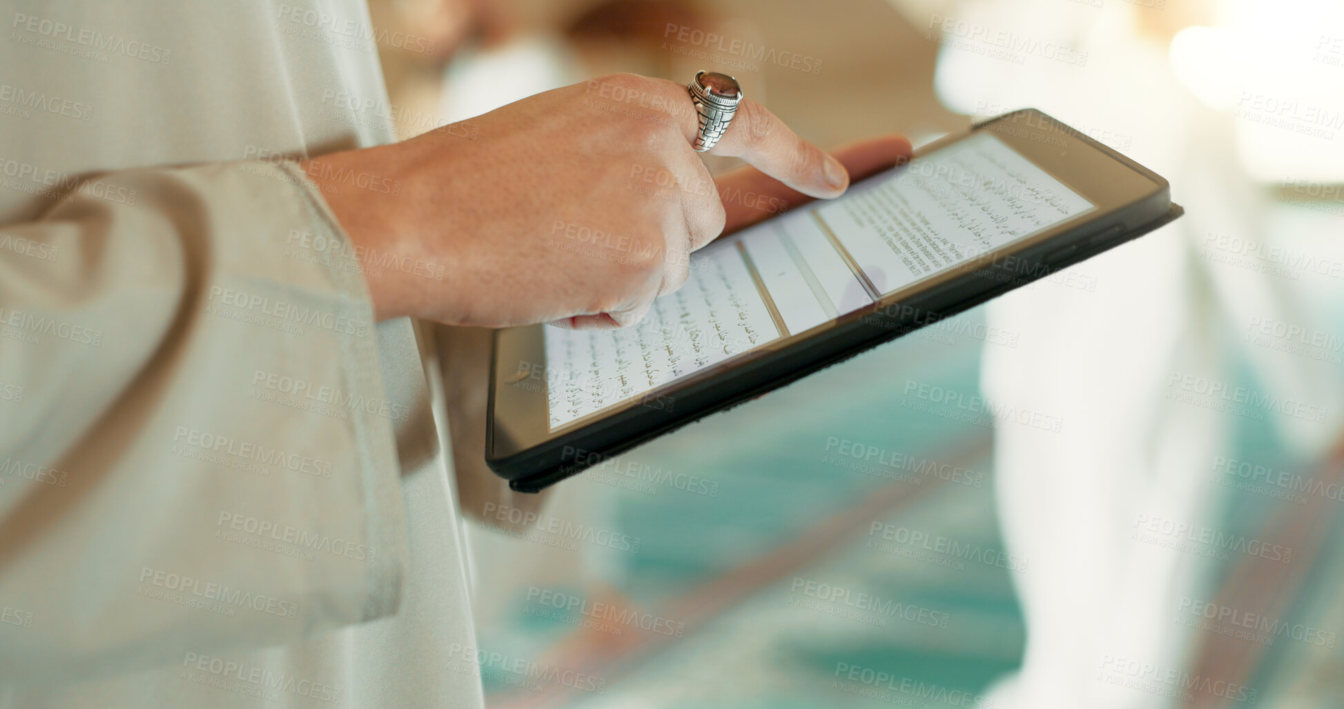 Buy stock photo Religion, Islam and hands with a tablet at a mosque for communication, prayer or reading scripture. Research, website screen and a person scrolling on technology to study islamic faith online