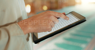 Scripture, Islam and hands with a tablet at a mosque for communication, prayer or reading on an app. Research, website screen and a person scrolling on technology to study islamic faith online