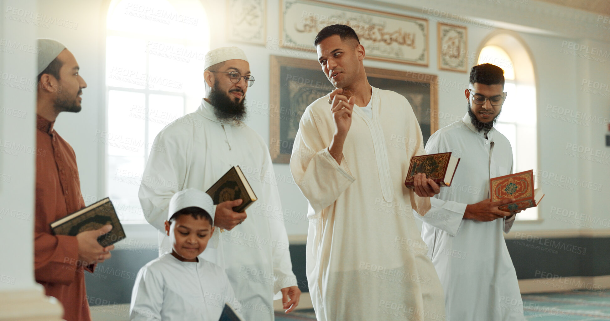 Buy stock photo Islam, smile and group of men in mosque with child, mindfulness and gratitude in faith. Worship, religion and Muslim people together in holy temple for conversation, spiritual teaching and community.