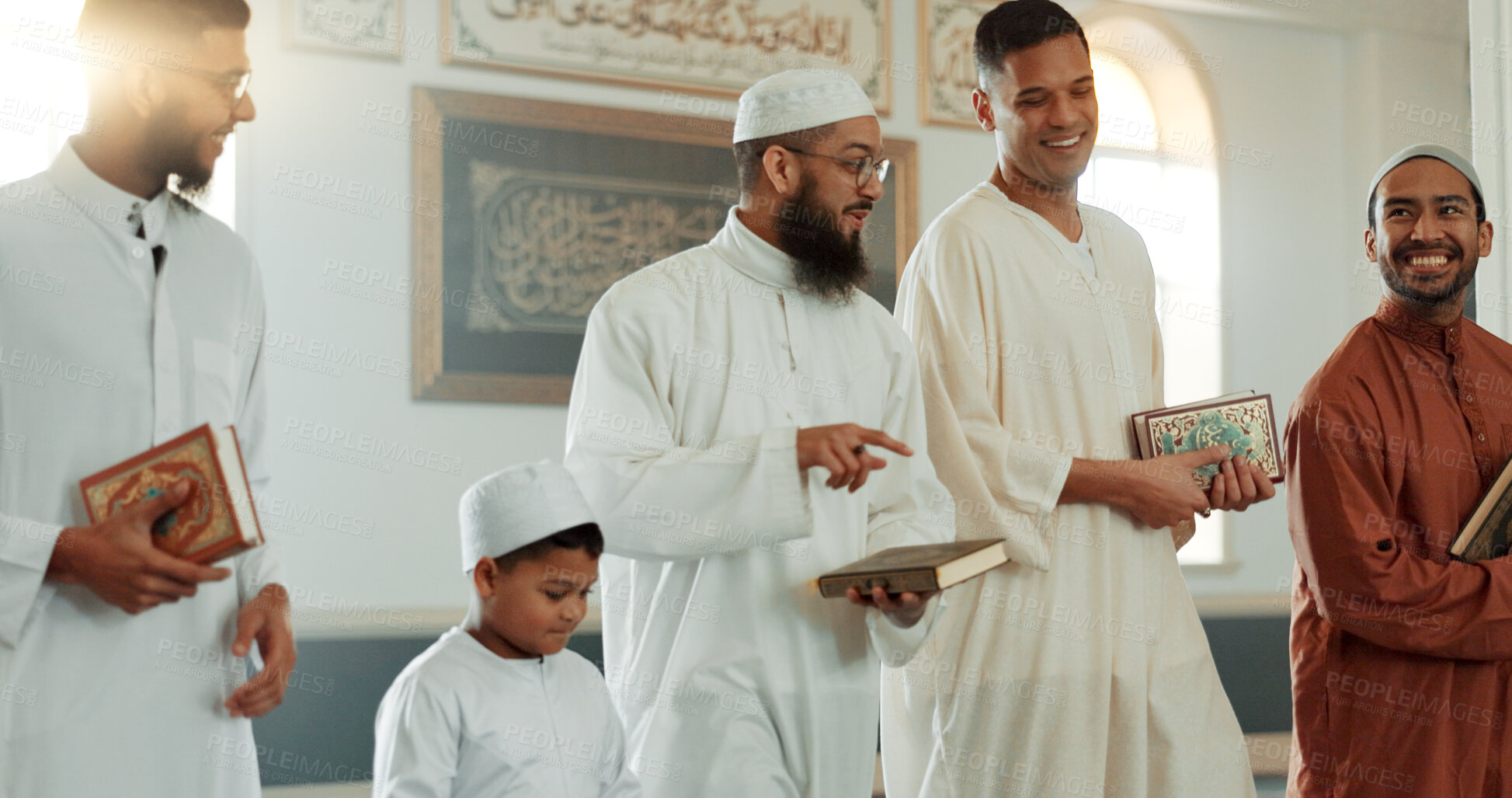 Buy stock photo Islam, smile and group of men in mosque with child, mindfulness and gratitude in faith. Worship, religion and Muslim people together in holy temple for conversation, spiritual teaching and community.