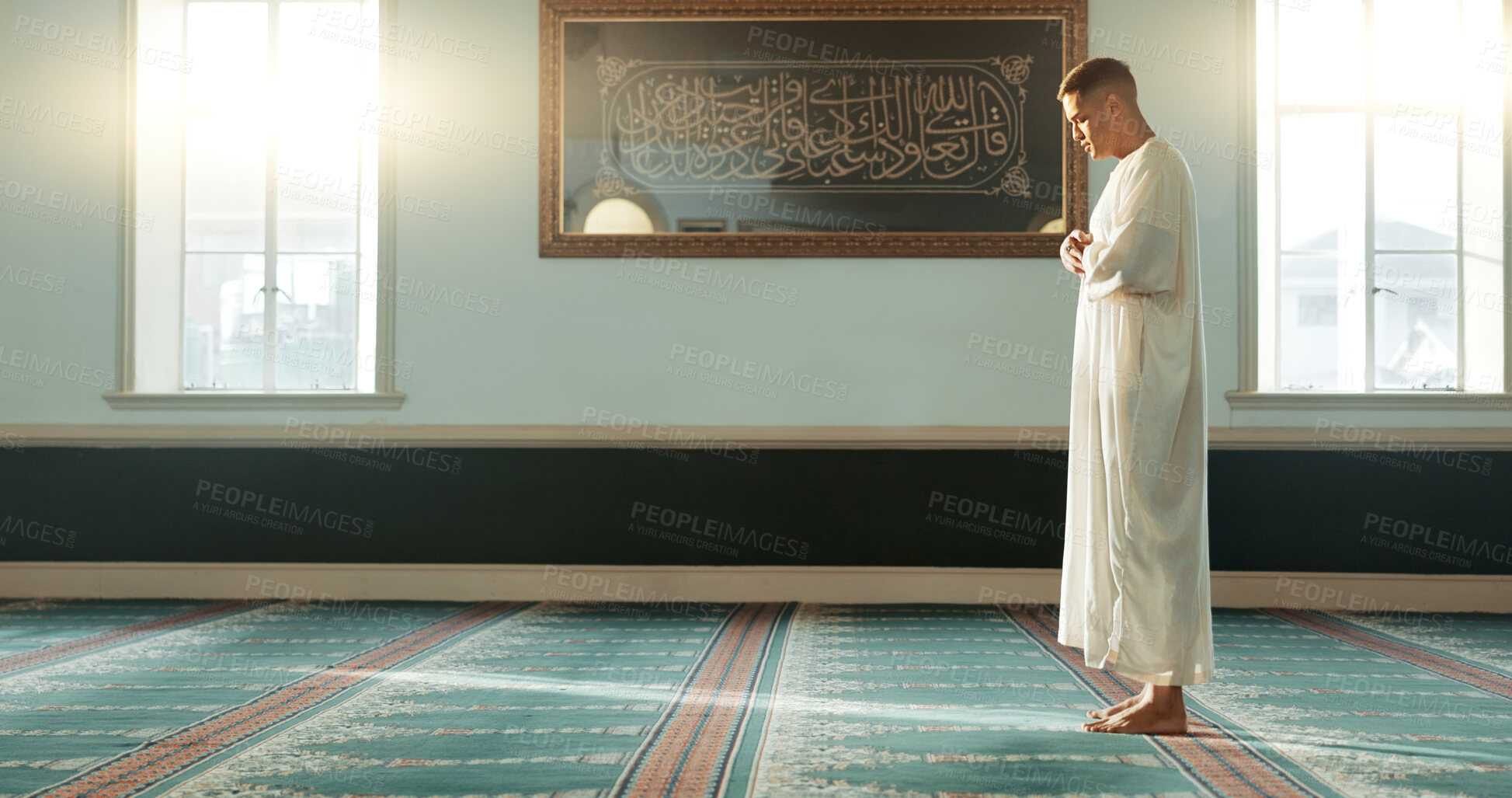Buy stock photo Gratitude, islamic and man with faith in a mosque for praying, peace and spiritual care in holy religion for Allah. Respect, Ramadan and Muslim person with kindness, hope and humble after worship
