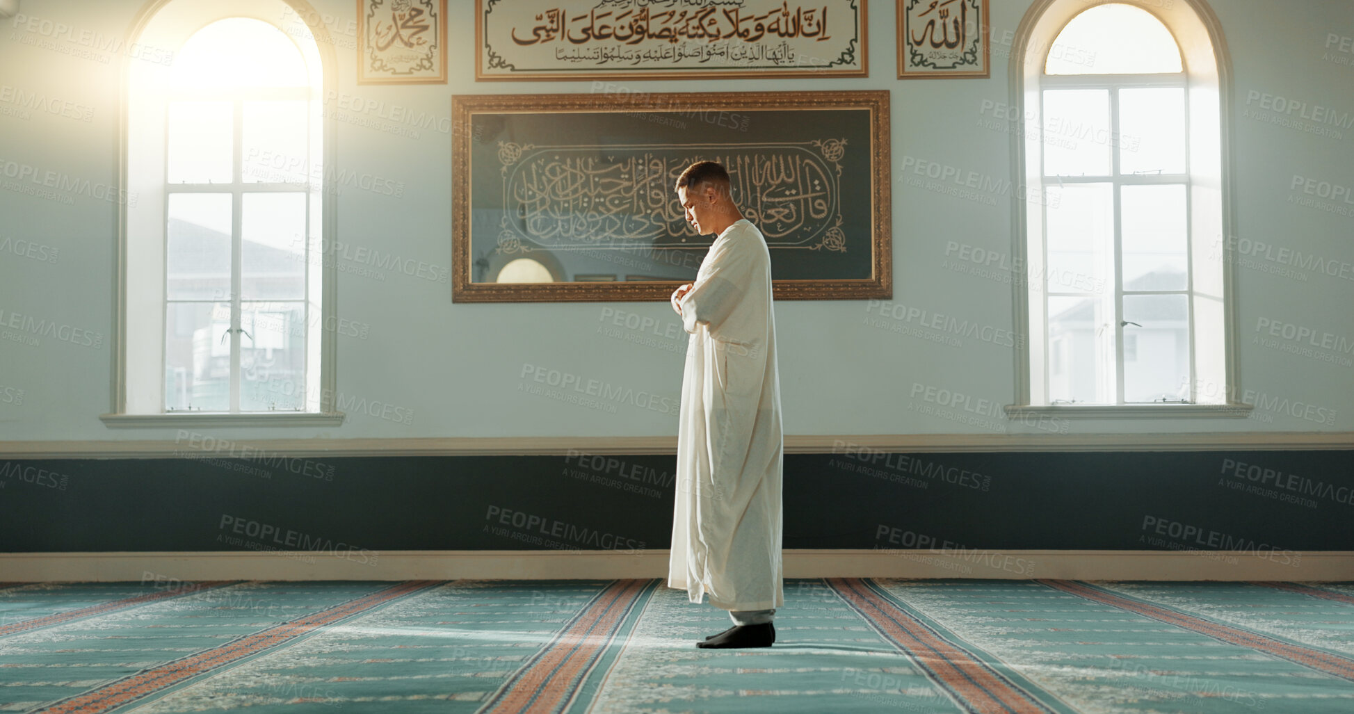 Buy stock photo Muslim man, praying and mosque with faith, profile and mindfulness with worship, praise or gratitude. Islamic person, religion and peace with trust, prayer and thinking with meditation in Palestine