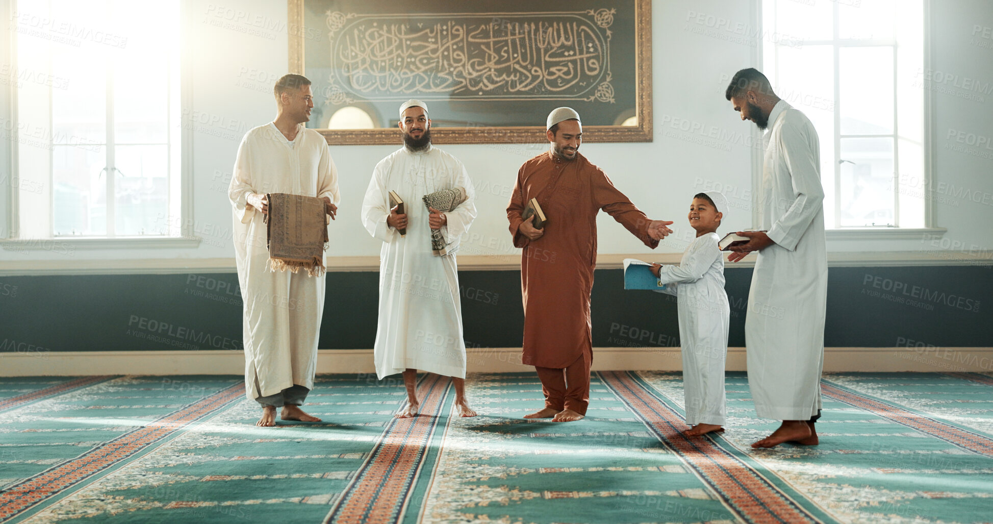 Buy stock photo Islam, men and together in mosque for religion, spirituality or learning in Ramadan class for prayer to God. Muslim friends, family or people and community for culture, Eid Mubarak or praise to Allah