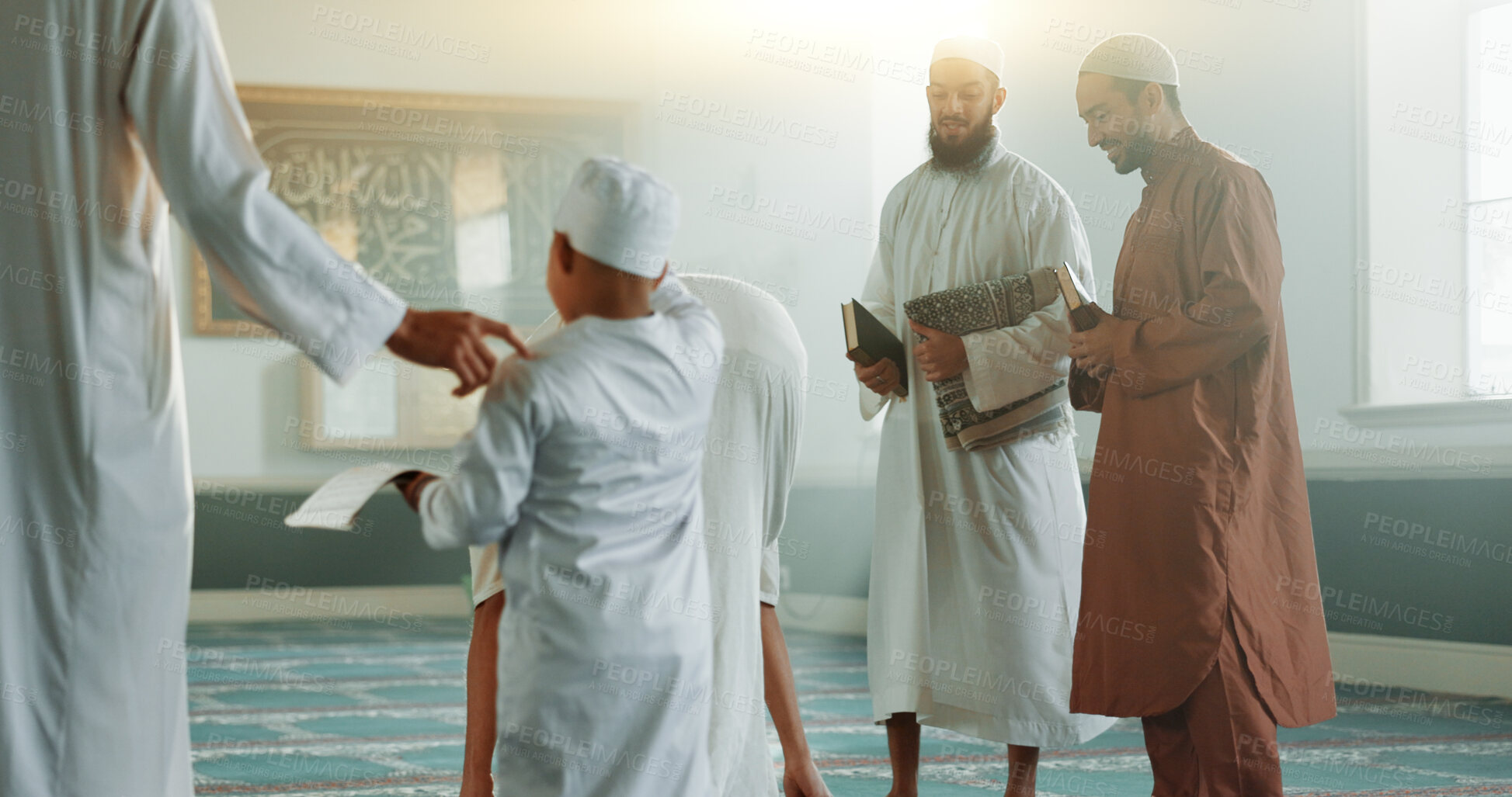 Buy stock photo Muslim, child and men in a Mosque for spiritual religion together as a family to worship Allah in Ramadan. Islamic, Arabic and holy people with kid in peace or respect for gratitude, trust and hope