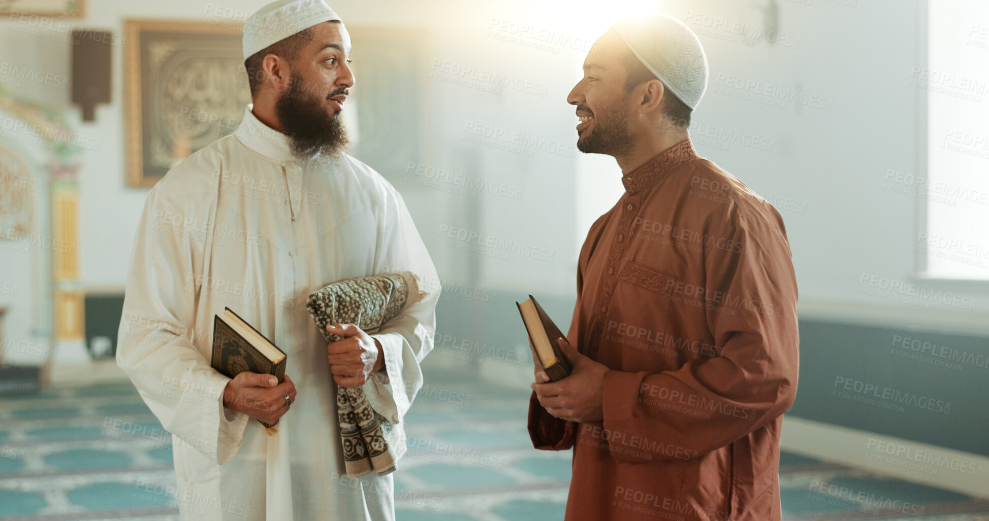 Buy stock photo Islam, men and talking in mosque for religion advice, spirituality or learning Friday prayer to God. Muslim friends, people or community for culture, Eid Mubarak or praise Allah as revert and leader