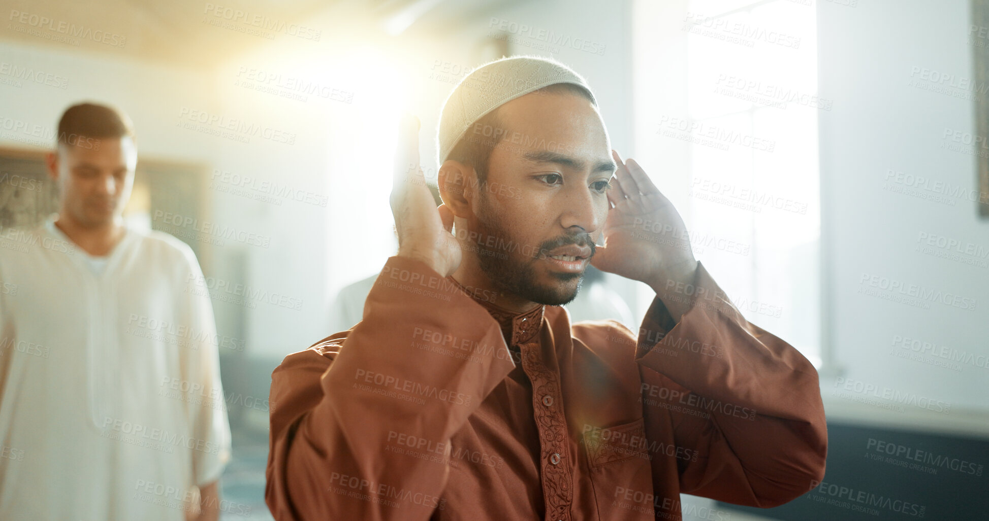 Buy stock photo Muslim, praying and man in a Mosque for spiritual religion together as a group to worship Allah in Ramadan. Islamic, Arabic and holy people with peace or respect for gratitude, trust and hope