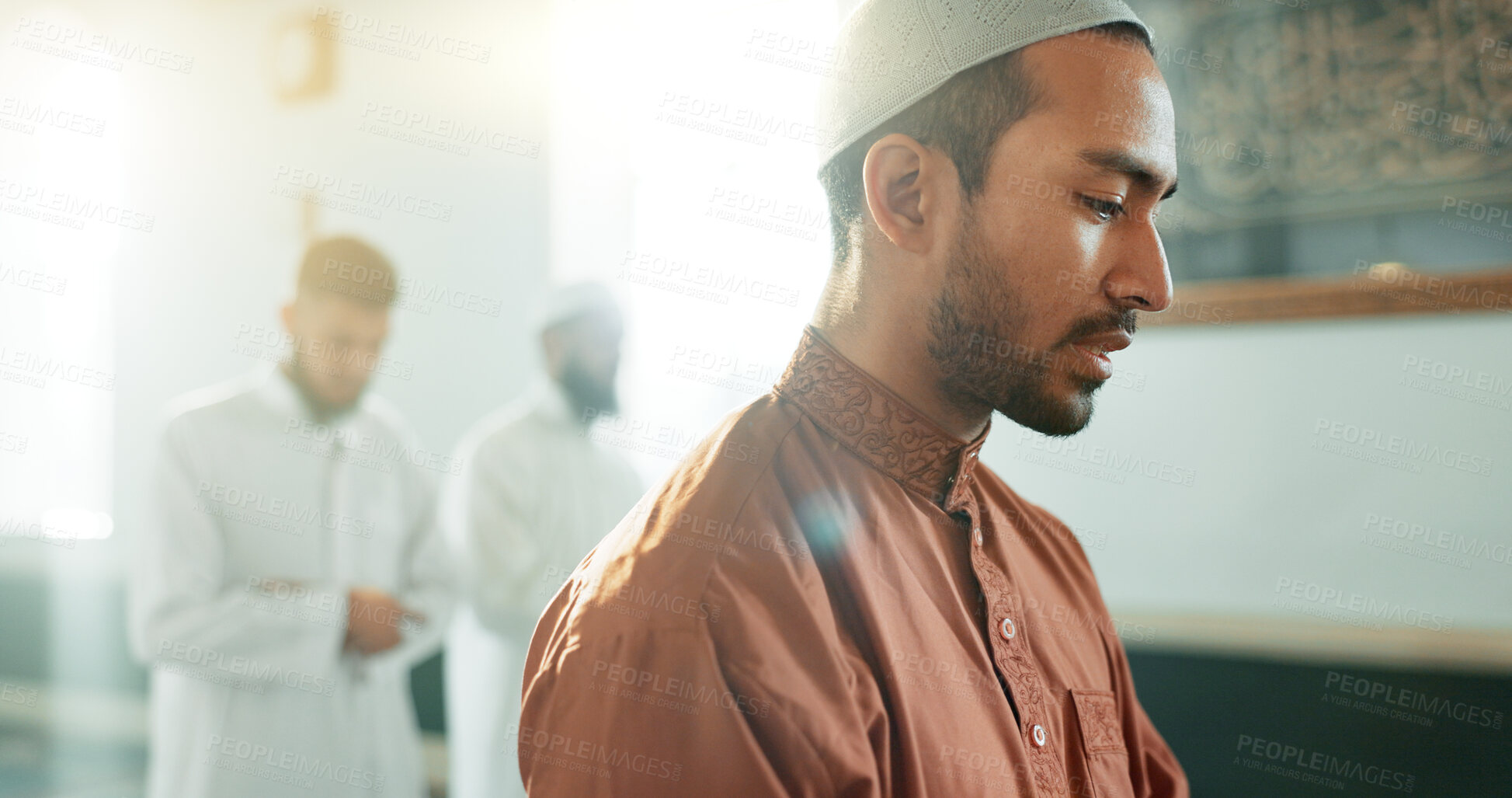 Buy stock photo Muslim, praying and man in a Mosque for spiritual religion together as a group to worship Allah in Ramadan. Islamic, Arabic and holy people with peace or respect for gratitude, trust and hope