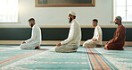 Islamic, praying and holy men in a Mosque for spiritual religion together as a group to worship Allah in Ramadan. Muslim, Arabic and people with peace or respect for gratitude, trust and hope