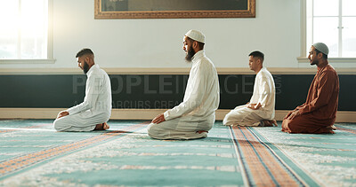 Islamic, praying and holy men in a Mosque for spiritual religion together as a group to worship Allah in Ramadan. Muslim, Arabic and people with peace or respect for gratitude, trust and hope