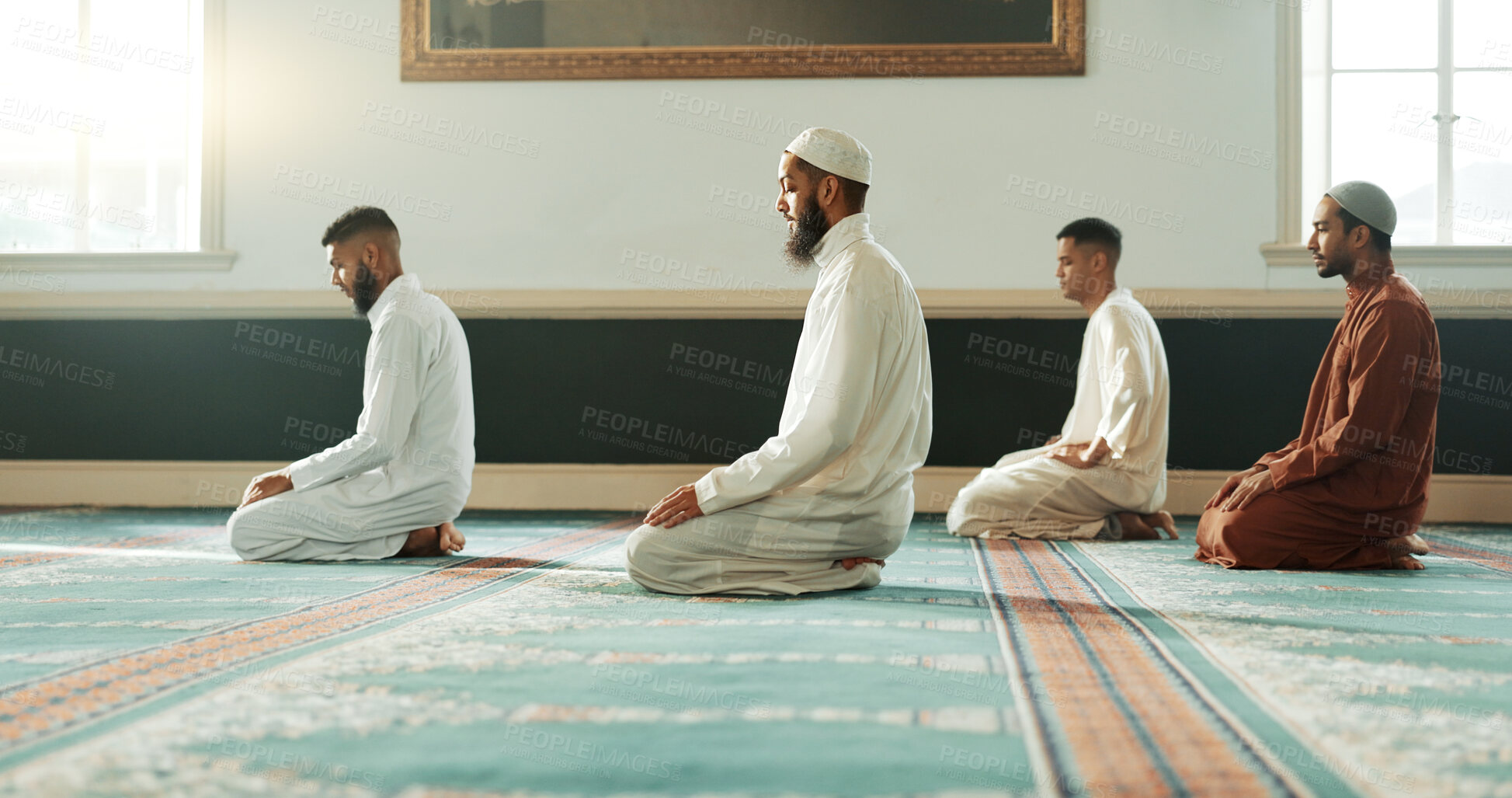 Buy stock photo Islamic, praying and holy men in a Mosque for spiritual religion together as a group to worship Allah in Ramadan. Muslim, Arabic and people with peace or respect for gratitude, trust and hope