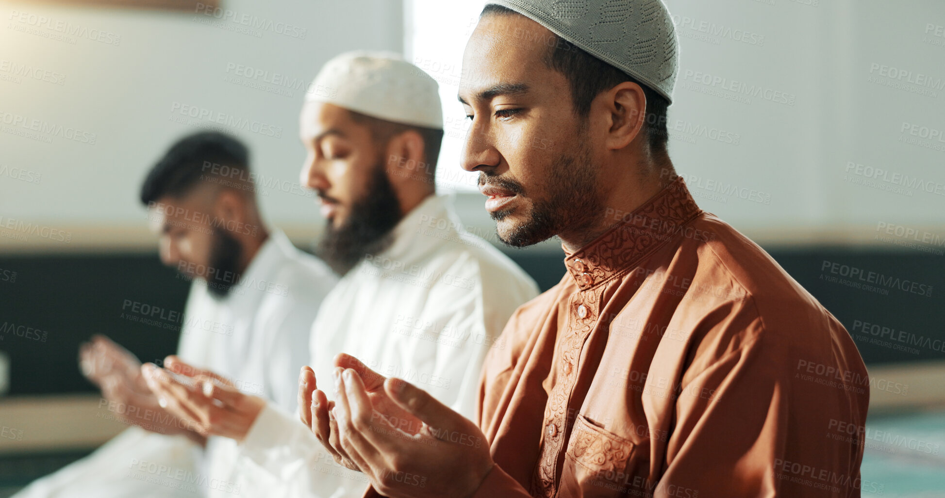 Buy stock photo Islamic, praying and men in a Mosque for spiritual religion together as a group to worship Allah in Ramadan. Muslim, Arabic and holy people with peace or respect for gratitude, trust and hope