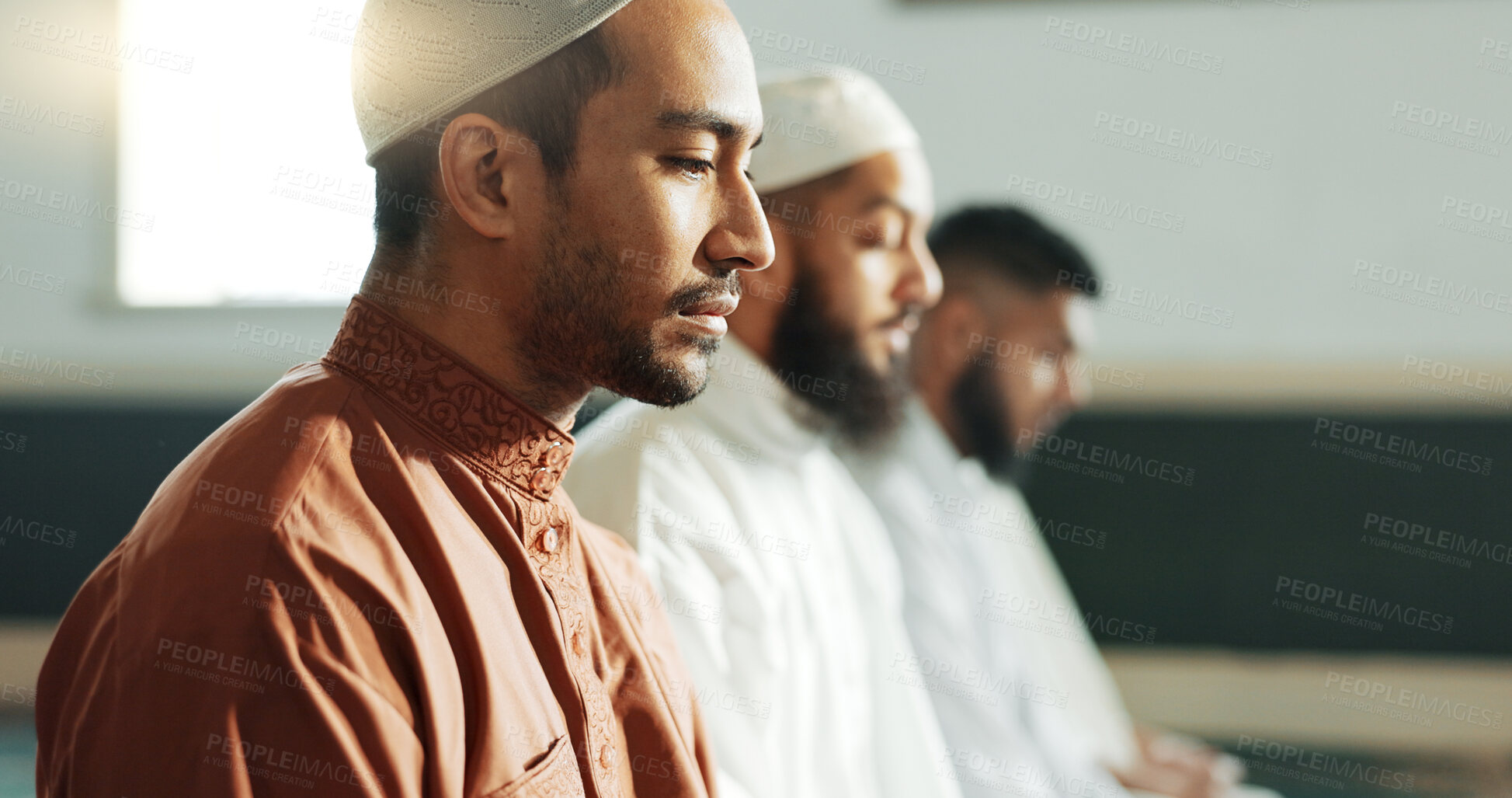 Buy stock photo Islamic, praying and men in a Mosque for spiritual religion together as a group to worship Allah in Ramadan. Muslim, Arabic and holy people with peace or respect for gratitude, trust and hope
