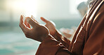 Muslim man, praying and mosque with hands, closeup and mindfulness with worship, praise or gratitude. Islamic person, religion and peace with group, prayer and thinking with meditation in Palestine