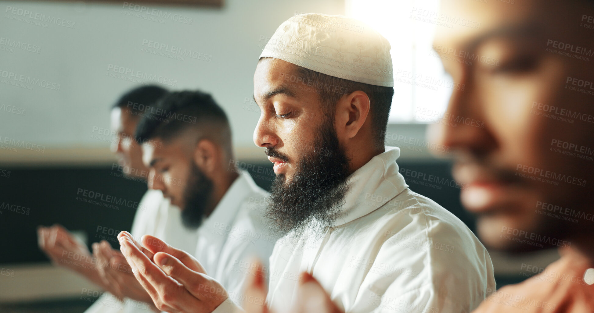 Buy stock photo Muslim, praying and group in a Mosque for spiritual religion together as men to worship Allah in Ramadan. Islamic, Arabic and holy people with peace or respect for gratitude, trust and hope for eid