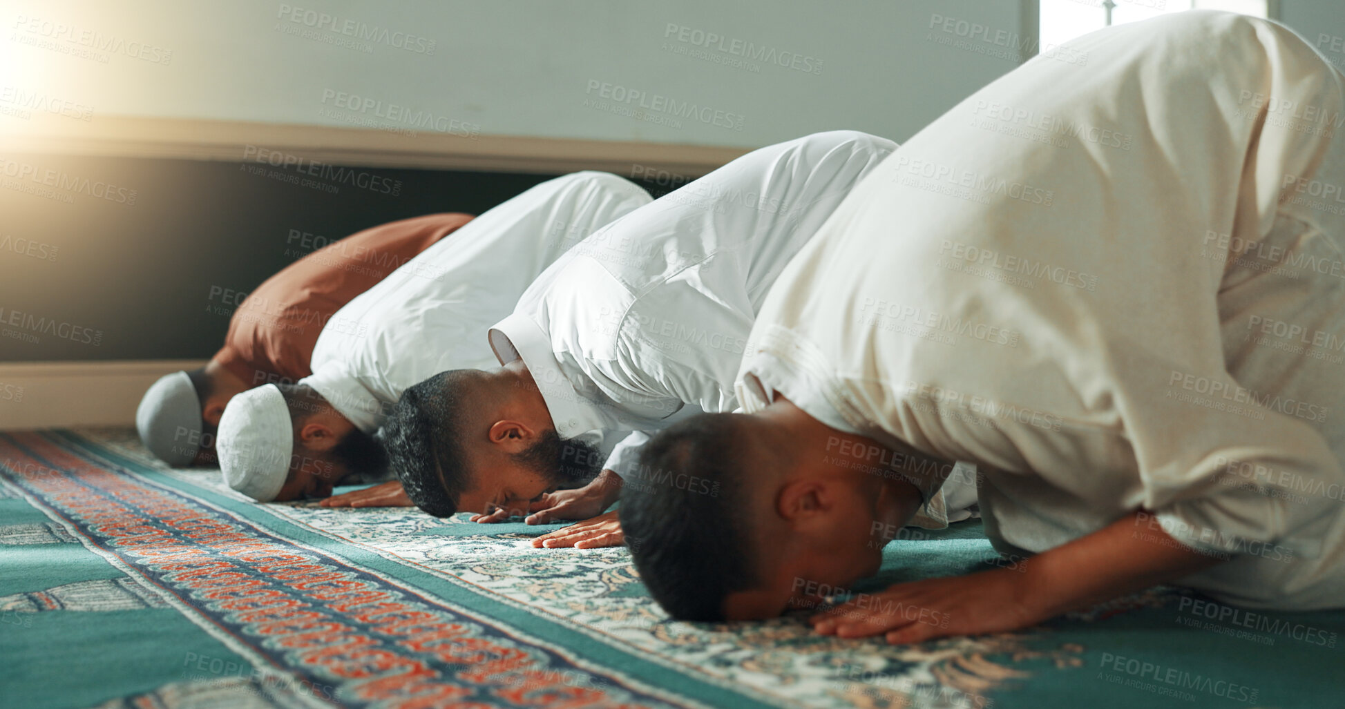 Buy stock photo Muslim, praying and men in a Mosque for spiritual religion together as a group to worship Allah in Ramadan. Islamic, Arabic and holy people with peace or respect for gratitude, trust and hope