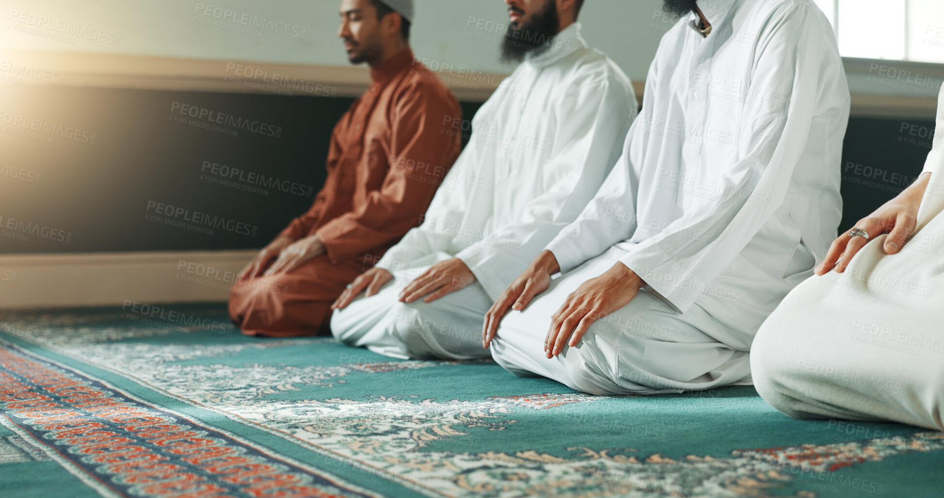 Buy stock photo Muslim, praying and men in a Mosque for spiritual religion together as a group to worship Allah in Ramadan. Islamic, Arabic and holy people with peace or respect for gratitude, trust and hope