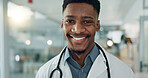 Hospital, doctor and face of black man for medical service, insurance and clinic care. Healthcare, consulting and portrait of health worker with stethoscope for cardiology, medicine and support