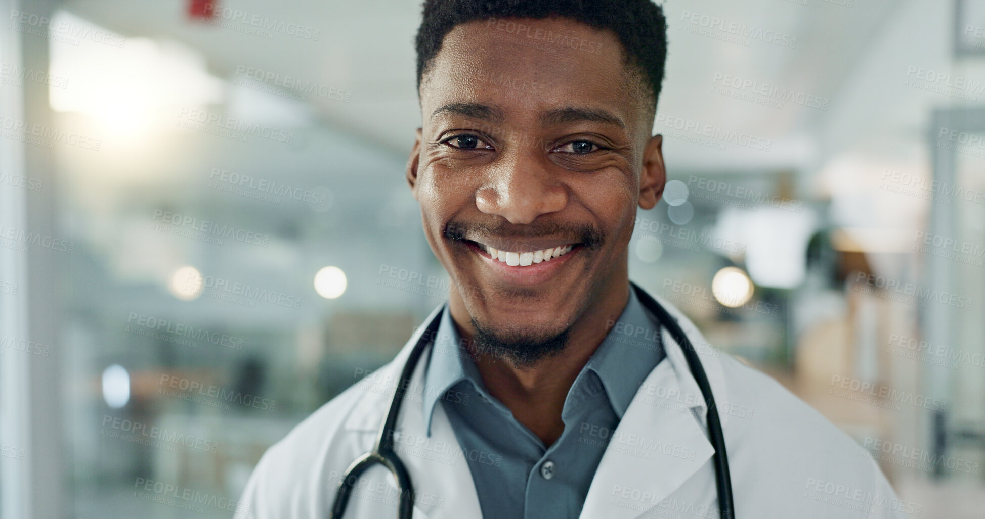 Buy stock photo Hospital, doctor and face of black man for medical service, insurance and clinic care. Healthcare, consulting and portrait of health worker with stethoscope for cardiology, medicine and support