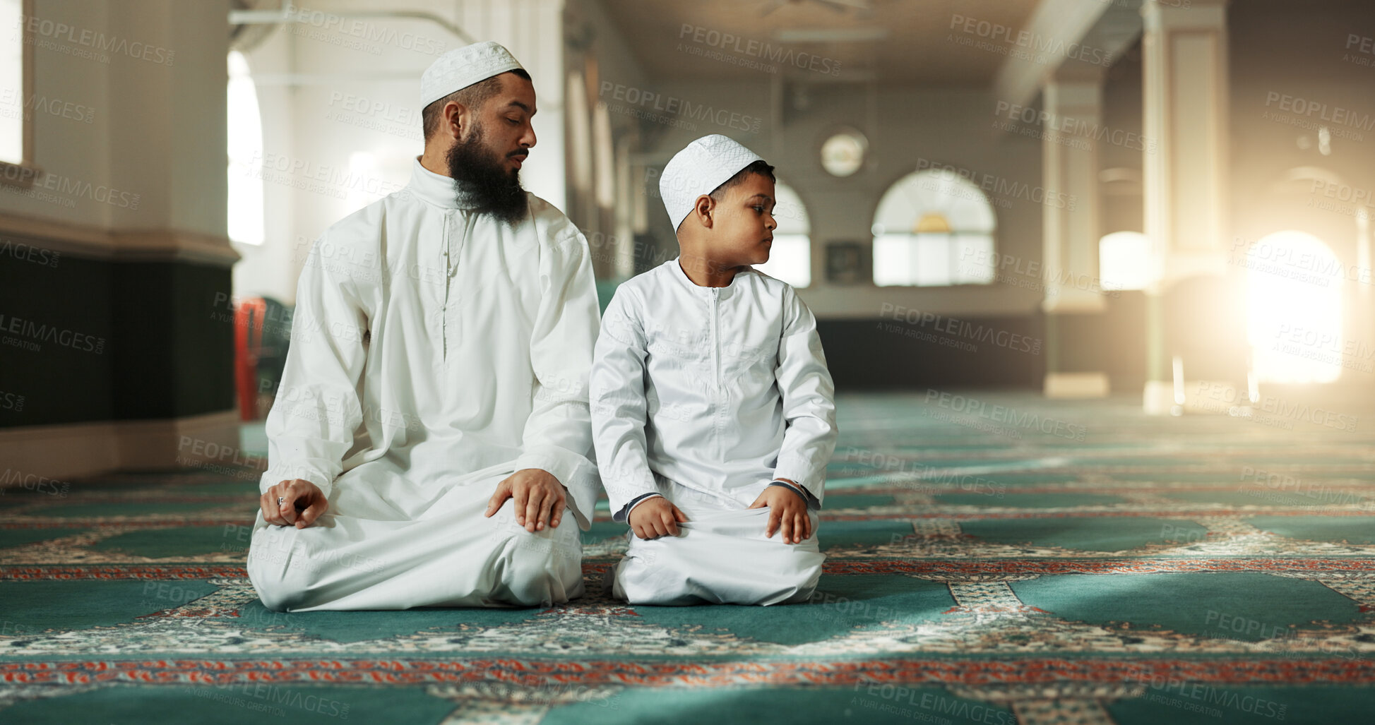 Buy stock photo Muslim, praying and father with child in Mosque for spiritual religion together or teaching to worship Allah. Islamic, Arabic and parent with kid for peace or respect as gratitude, trust and hope