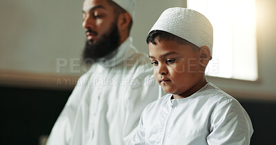 Muslim, praying and man with child in mosque for learning, religious education and worship or prayer. Islamic community, religion and person and kid for Ramadan Kareem, Eid Mubarak and teaching Quran