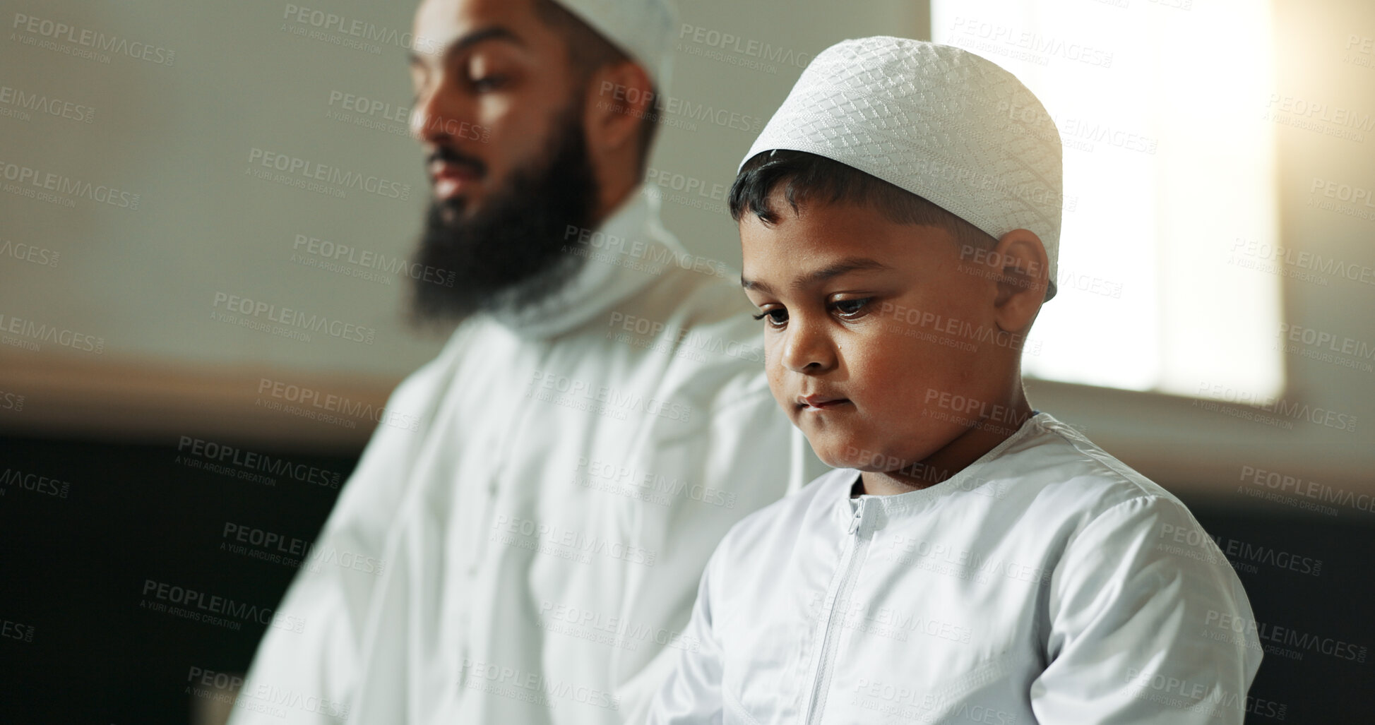 Buy stock photo Muslim, praying and man with child in mosque for learning, religious education and worship or prayer. Islamic community, religion and person and kid for Ramadan Kareem, Eid Mubarak and teaching Quran