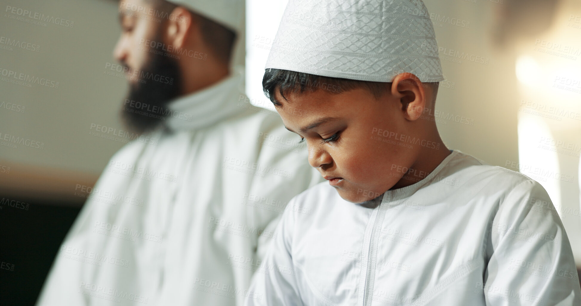 Buy stock photo Muslim, praying and man with child in mosque for learning, religious education and worship or prayer. Islamic community, religion and person and kid for Ramadan Kareem, Eid Mubarak and teaching Quran