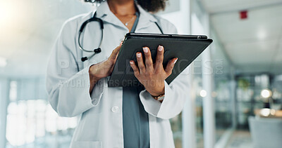 Tablet, doctor hands and person typing research of medicine study, cardiology info and reading healthcare data. Closeup, hospital and medical surgeon, nurse or clinic worker search online database