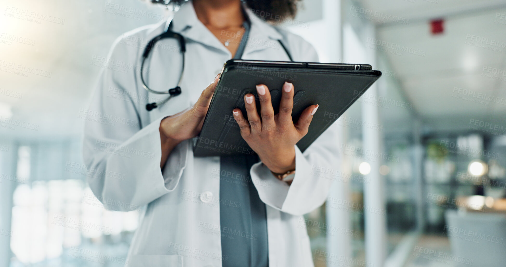 Buy stock photo Tablet, doctor hands and person typing research of medicine study, cardiology info and reading healthcare data. Closeup, hospital and medical surgeon, nurse or clinic worker search online database