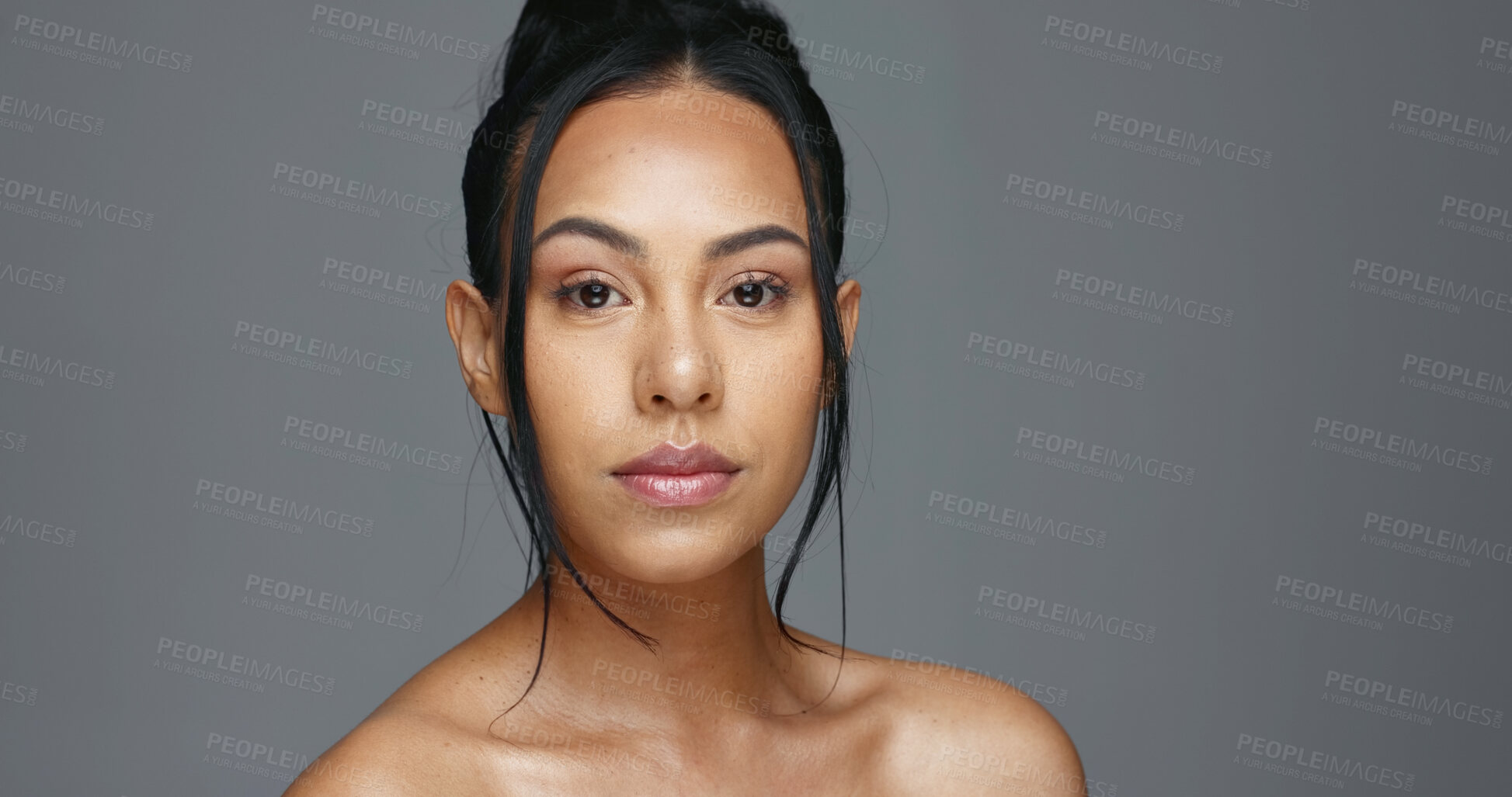 Buy stock photo Face, skincare and beauty of woman in studio isolated on a gray background mockup space. Portrait, natural and serious model in spa facial treatment for aesthetic, cosmetic and wellness for health