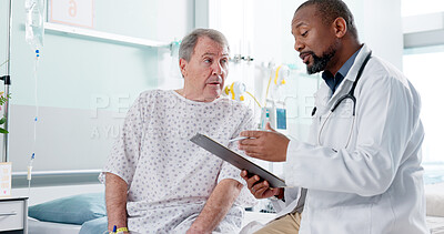 Man, doctor and patient in consultation, diagnosis or explaining prescription on hospital bed. Male person, medical or healthcare surgeon consulting customer for health advice or results at clinic
