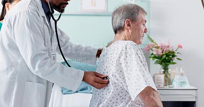 Doctor, patient and check lungs in hospital for elderly care of man health of heart, cardiovascular and problem. Male, person or nurse with stethoscope for listen, breathing or consulting for medical