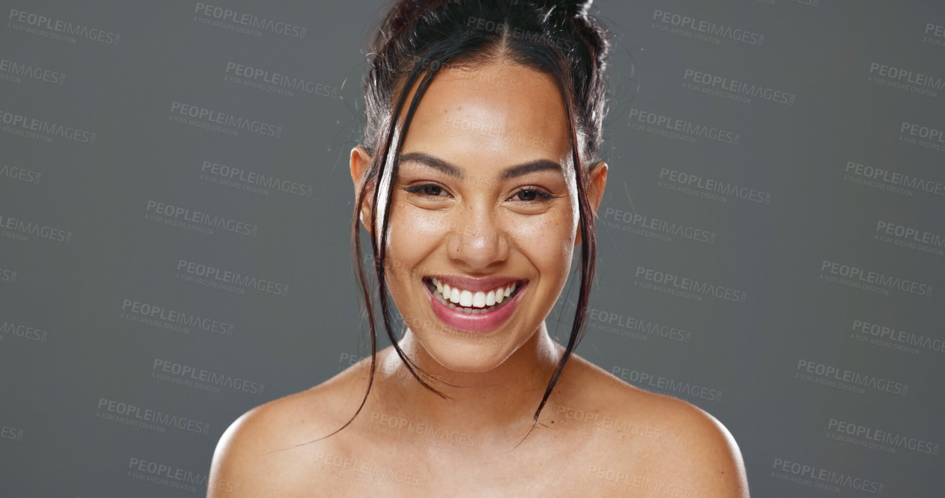 Buy stock photo Face, skincare and beauty of happy woman in studio isolated on a gray background mockup space. Portrait, natural and model in spa facial treatment for aesthetic, glow and cosmetic wellness for health