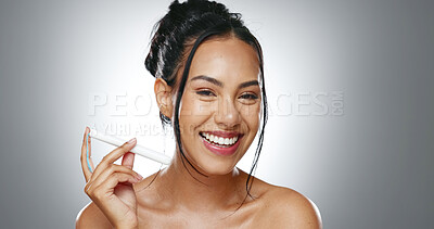 Buy stock photo Tampon, face and happy woman with feminine hygiene product, menstruation and wellness on grey background. Female health, reproductive and protection, period with sanitary tools in portrait in studio